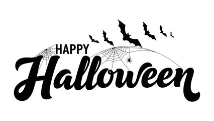 Happy Halloween : A whimsical illustration of a Halloween scene, the inscription “Happy Halloween” adorns, complemented by flying bats and intricate spiderwebs, evoking the thrill of the holiday.