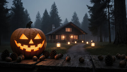 Obraz premium A playful glowing pumpkin for eco tourism. The serene woodland retreat and soft lighting create an enchanting ambiance for buyers.