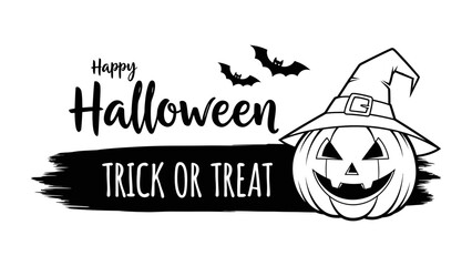 Fototapeta premium Halloween Icon: A festive illustration capturing the essence of the spooky season with a smiling jack-o'-lantern adorned in a witch's hat, bat silhouette, and text Happy Halloween Trick or Treat.