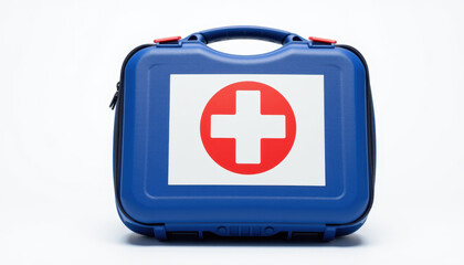 Obraz premium Blue first aid kit with red cross symbol on case, medical emergency kit for safety