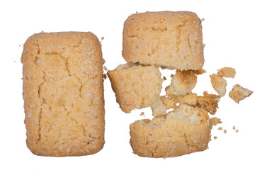 Crispy butter cookie with broken pieces and crumbs isolated on white background