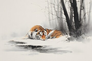 Obraz premium Stylized ink artwork of a tiger peacefully sleeping in a snow-covered forest with bare winter trees and a calm atmosphere. 