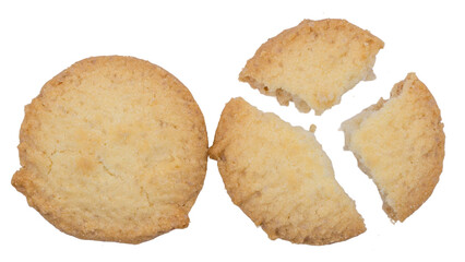 Round butter cookie whole and broken into pieces isolated on white background