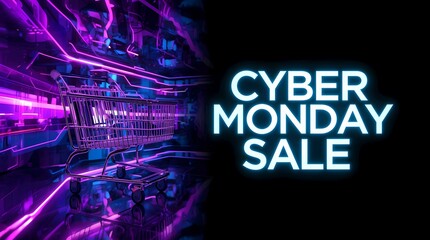 Cyber Monday sale event with futuristic purple shopping cart, inviting customers to explore amazing deals and discounts for online shopping opportunities