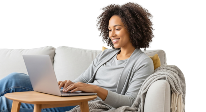 Happy black woman working from home or shopping online while sitting comfortably on a couch