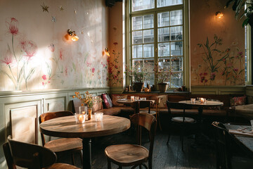 cozy restaurant corner with pastel painted walls round wooden tables and mismatched vintage chairs whimsical murals of flowers and stars golden hour light streaming through tall windows candles