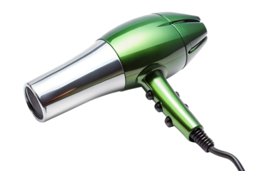 Green and silver hair dryer on a plain background isolated on a transparent background