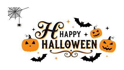 Happy Halloween Celebration: A festive digital illustration celebrates Halloween, featuring grinning pumpkins, soaring bats, a spider and web, and cheerful text.