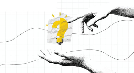Illustration of a lightbulb question mark being passed between hands.
