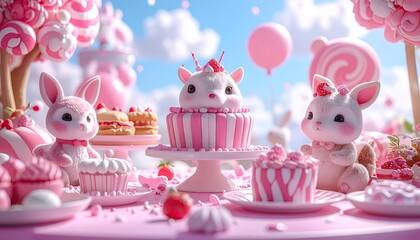 Pink Pastel Candyland Scene with Cute Animals