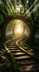 A winding stone stairway ascends through a sunlit forest, bathed in a tranquil, mystical atmosphere.