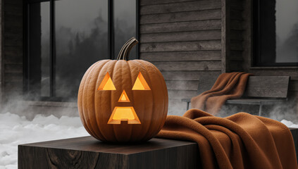 Fototapeta premium Jack o lantern sits on dark oak with geometric carved face. Background features muted burnt orange wool blanket on bench.