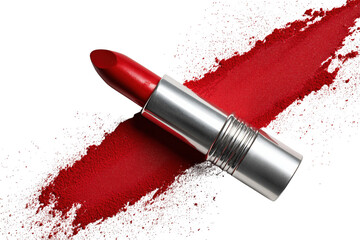 Elegant red lipstick with a shiny silver case and a vibrant lipstick stroke on transparent background