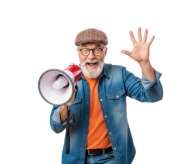 Excited senior man with beard holding a megaphone and shouting, isolated on white.
