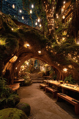 whimsical fantasy forest restaurant built around glowing tree tables carved into roots lanterns shaped like fireflies moss floor moonlight through branches concept of hospitality fantasy dining