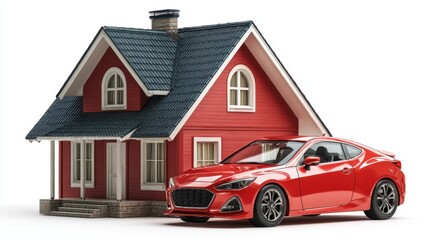 Red car parked near a red house dream home concept image Perfect for real estate insurance or automotive advertising