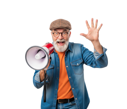 Excited senior man with beard holding a megaphone and shouting, isolated on white.
