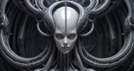 Futuristic Cyborg Woman with Mechanical Head Design