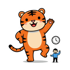 Cute Tiger Cartoon with Man and Clock Illustration