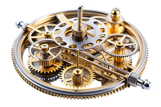 Intricate clockwork mechanism with gold and silver gears isolated on a transparent background