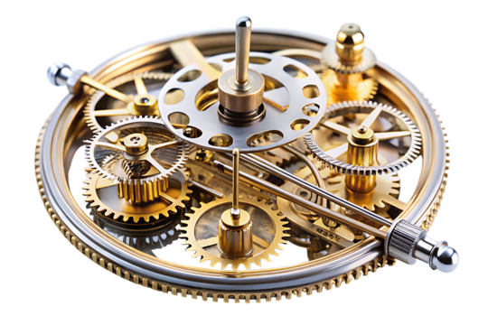 Intricate clockwork mechanism with gold and silver gears isolated on a transparent background