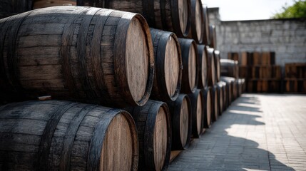 Eye-catching photo of wooden oak Port barrels in neat rows.