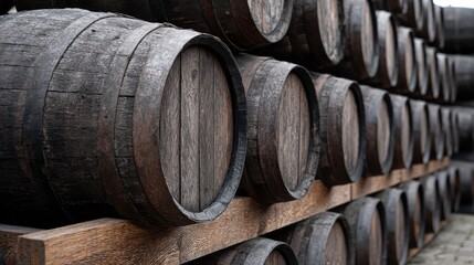 Eye-catching photo of wooden oak Port barrels in neat rows.