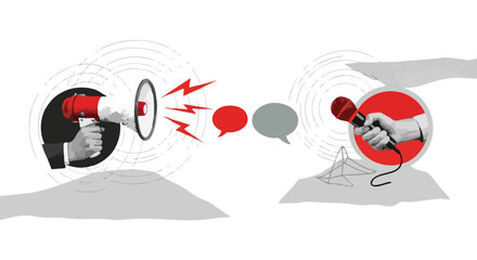 Graphic illustration of a megaphone broadcasting to a microphone, symbolizing communication, public speaking, and media interaction.