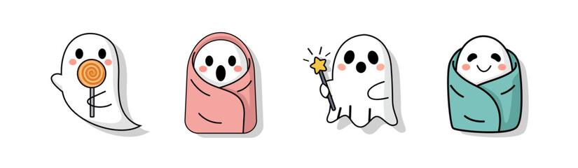 Cute Halloween Ghost Icon Set – Kawaii Cartoon Spirit with Lollipop, Wrapped Ghost, Magical Wand, and Baby Ghost in Blanket – Vector Illustration