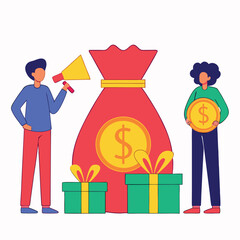 People with money bag and gifts coin megaphone