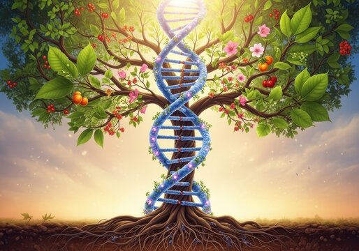 Tree of life with a dna helix in the center, symbolizing genetics, evolution, and natural growth