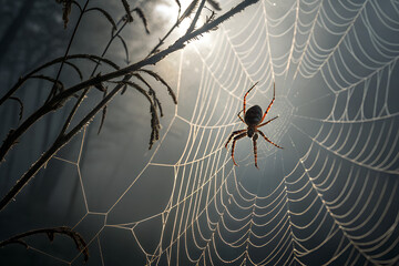 PNG transparent image of a spooky spider web with hanging spider, perfect for Halloween decorations, party invitations, posters, and creepy designs.