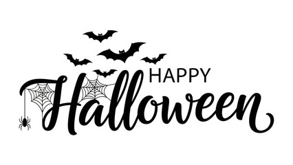 Spooky Halloween: A spooky Halloween-themed design, showcasing intricate spiderwebs, fluttering bats, and a playful spider, all accompanying the celebratory greeting Happy Halloween.