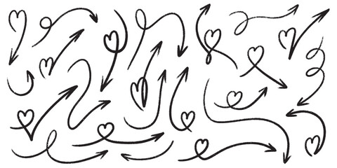 Hand drawn arrow designs with crayon texture and heart details made by brush or chalk for decorative navigation elements. Curved directional pointers with romantic symbols for valentine cards.