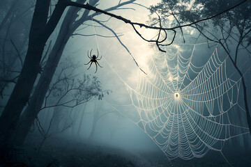PNG transparent image of a spooky spider web with hanging spider, perfect for Halloween decorations, party invitations, posters, and creepy designs.