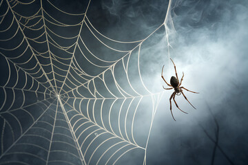 PNG transparent image of a spooky spider web with hanging spider, perfect for Halloween decorations, party invitations, posters, and creepy designs.