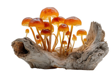 Glowing orange mushrooms growing from a weathered wood log isolated on a transparent  background