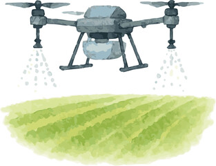 Vector watercolor illustration of a drone spraying a field