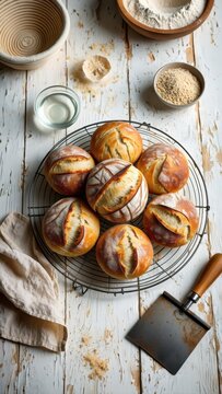 Freshly baked artisanal sourdough bread rolls arranged on a cooling rack with baking ingredients and tools scattered around on a rustic wooden table