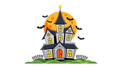 Haunted House Halloween: Spooky scene with an eerie haunted house at night, illuminated by the glow of moon and shadows. The illustration conveys the atmosphere of mystery and thrill. 