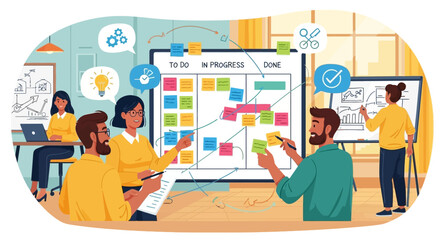 Team collaborates on project using Kanban board.