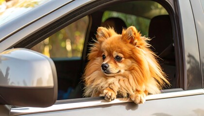 Adorable Pomeranian in a car window