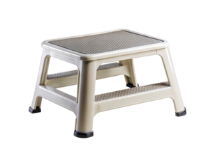 Beige Plastic Step Stool with Textured Top and Bottom Rungs on White