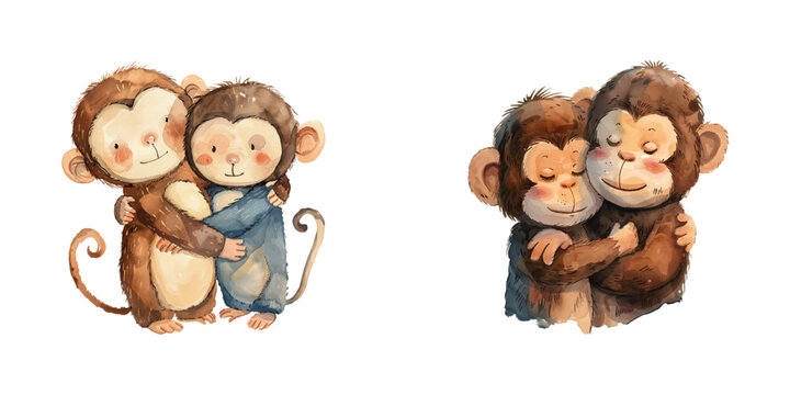 couple monkey watercolor vector illustration
