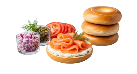 An elegant lox and bagel composition with premium smoked salmon, cream cheese, capers, red onions, and tomatoes on a clean transparent background, gourmet food concept