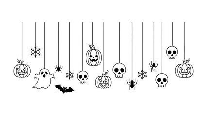 Spooky Hanging Decorations: A minimalistic, vector illustration of various Halloween ornaments, including grinning pumpkins, ghostly specters, skull, spider and bat.
