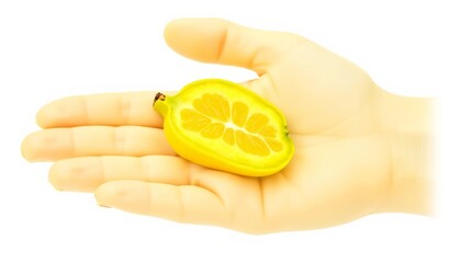 Fresh lemon slice held in open hand against white background  