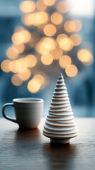 Minimal ceramic spiral tree figurine on wooden table with cup behind, warm golden bokeh lights in soft blue background, close focus and clean lines, cozy holiday ambiance