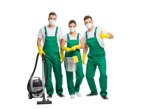 Professional cleaning team in green uniforms and face masks with supplies, isolated on white. - Powered by Adobe
