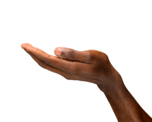A human hand extended with the palm facing upward in a gesture of offering or holding, isolated on a transparent background.